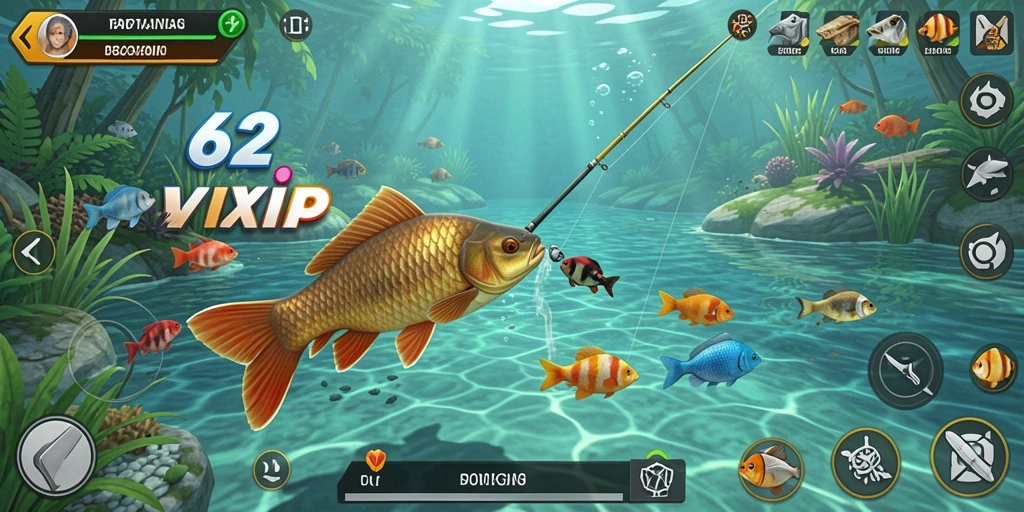 Tampilan gameplay yang penuh aksi dalam 62VIP saat memancing di danau.
