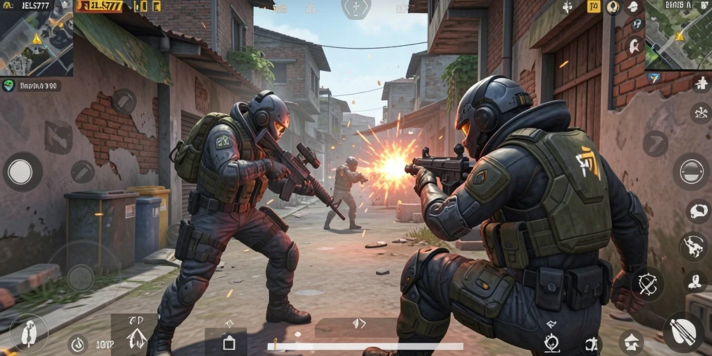 Screenshot gameplay dari JELAS777 menunjukkan aksi pertarungan FPS yang seru.